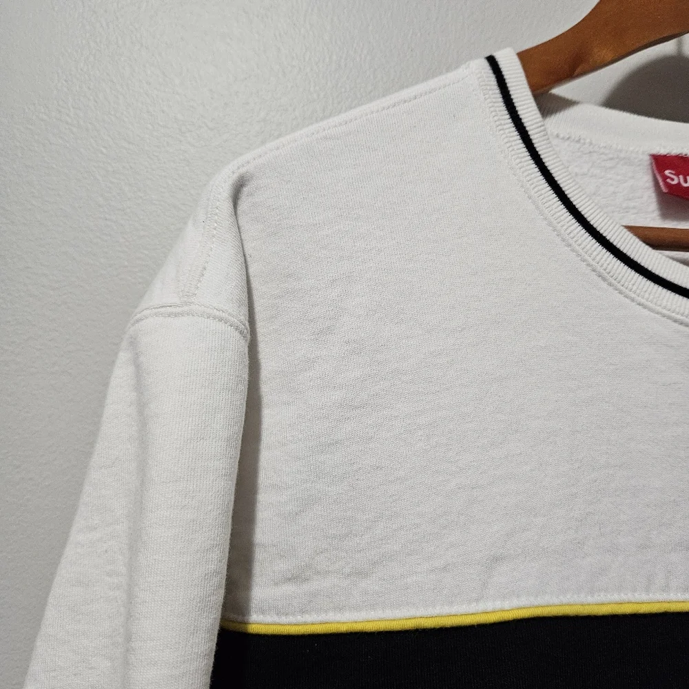 Supreme White Crewneck Sweatshirt with Black and Yellow Stripe